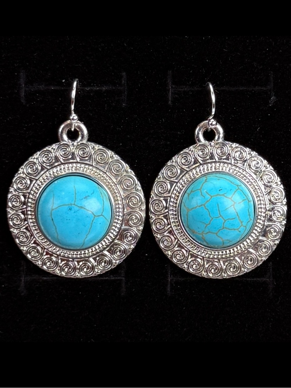 Southwestern style Silvertone Faux Turquoise Blue Weighted Pierced Earrings